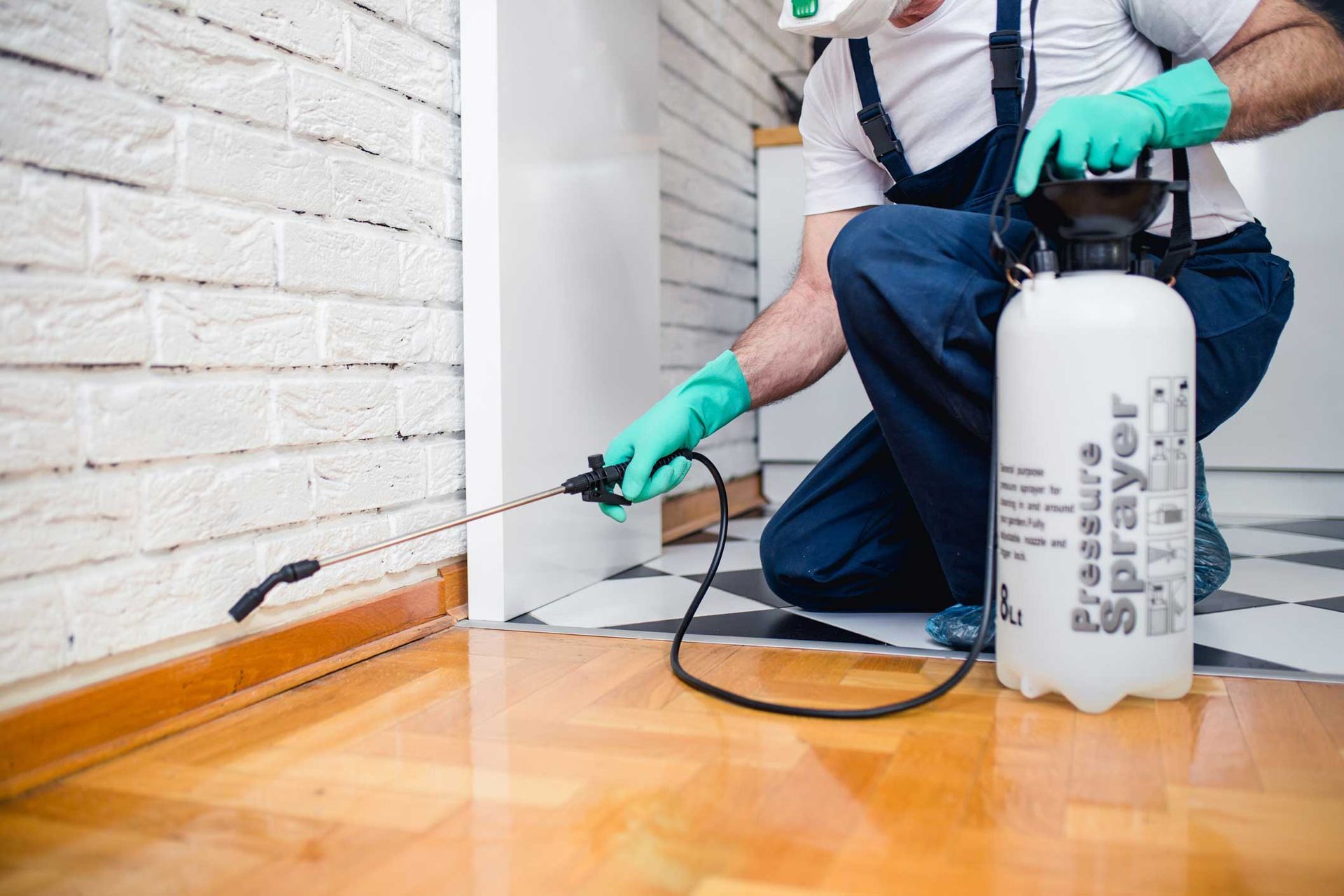 Pest control worker spraying baseboard in a home, wearing gloves and using a white sprayer bottle