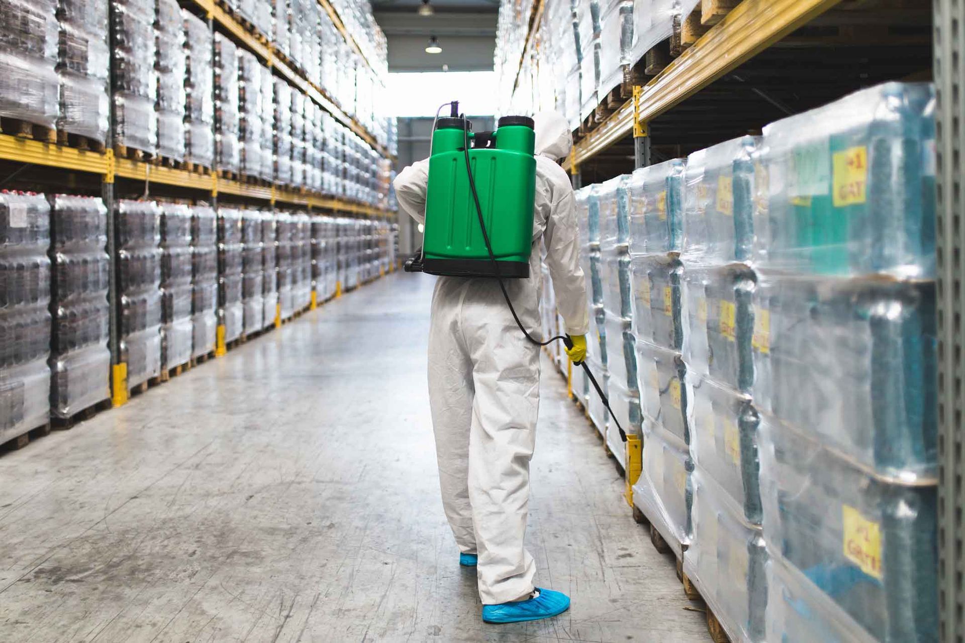 Worker spraying goods in a warehouse aisle with green backpack sprayer Worker spraying goods in a warehouse aisle with green backpack sprayer
