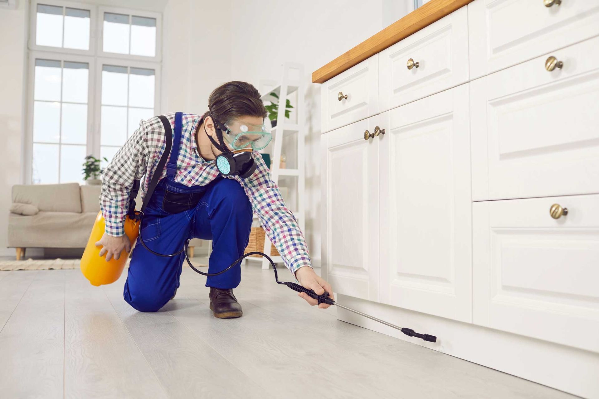 Person in gloves and respirator spraying cleaner along baseboard in a bright kitchen. Person in gloves and respirator spraying cleaner along baseboard in a bright kitchen.