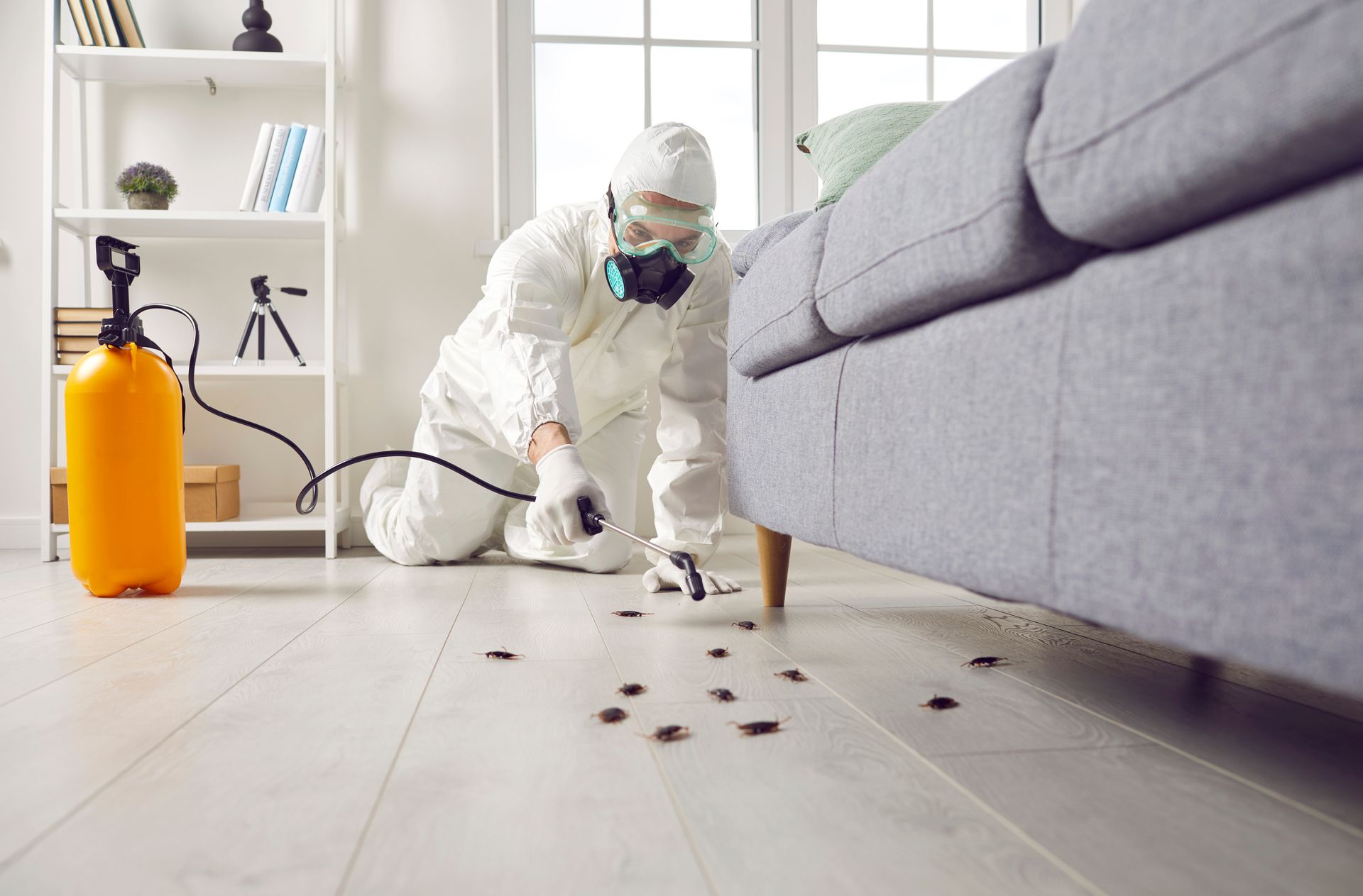 A professional in a white hazmat suit and mask uses a yellow sprayer to eliminate cockroaches on the floor by a sofa.