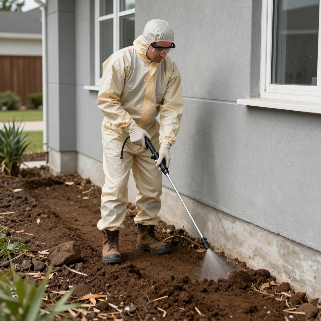 A person in protective gear uses a long wand to spray a liquid treatment along the foundation of a grey house. A person in protective gear uses a long wand to spray a liquid treatment along the foundation of a grey house.