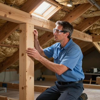 A person wearing safety glasses inspects a wooden structural support post in a dimly lit, insulated attic space.