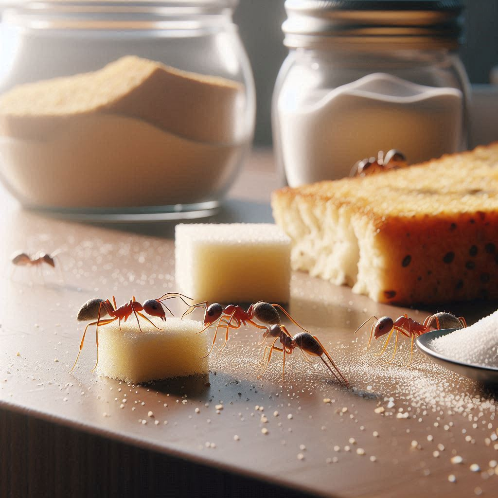Ants crawl across a tabletop near sugar cubes, a piece of bread, and jars of baking ingredients.