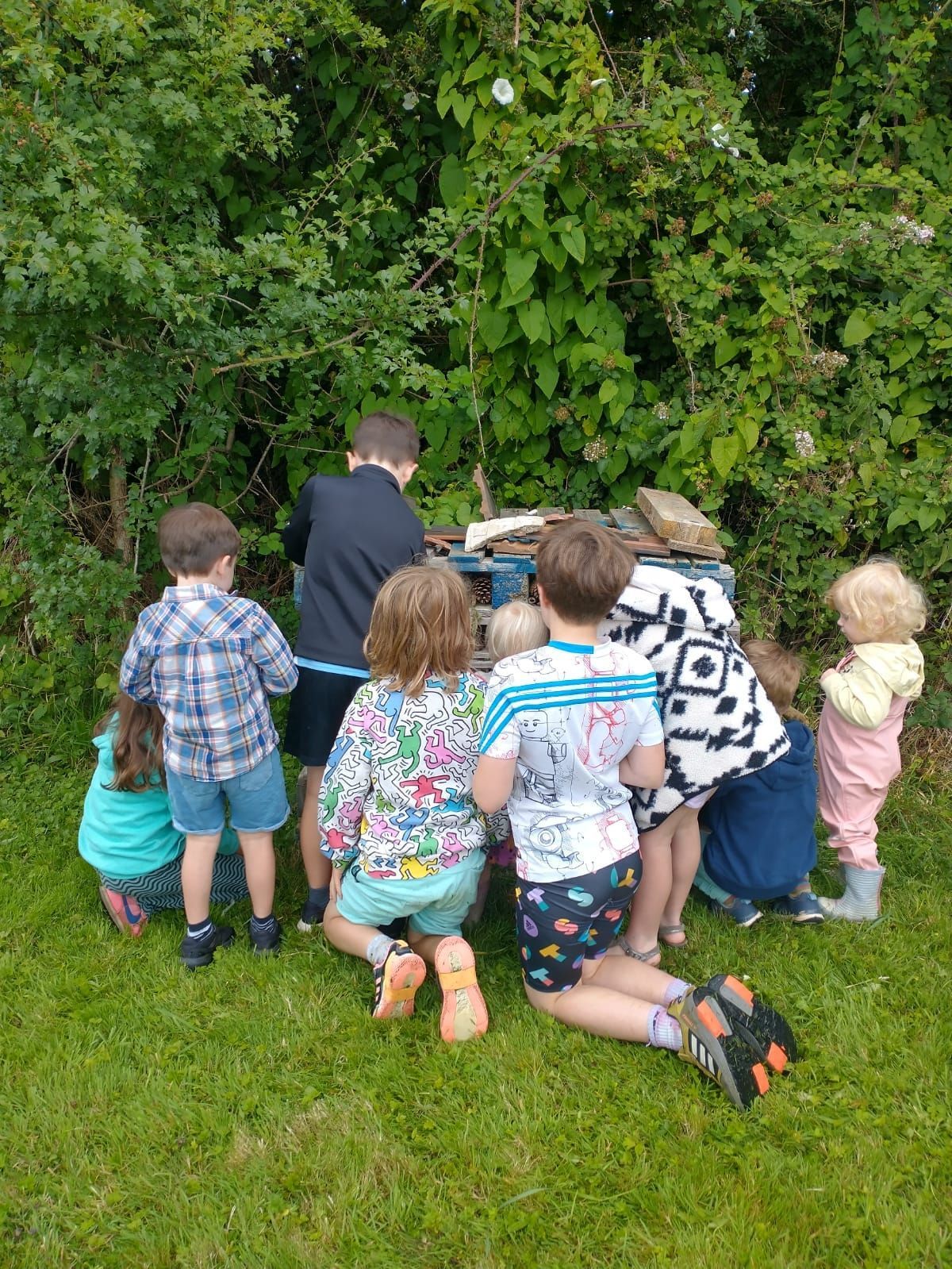 Children gathered around a small structure outdoors, examining something hidden from view.