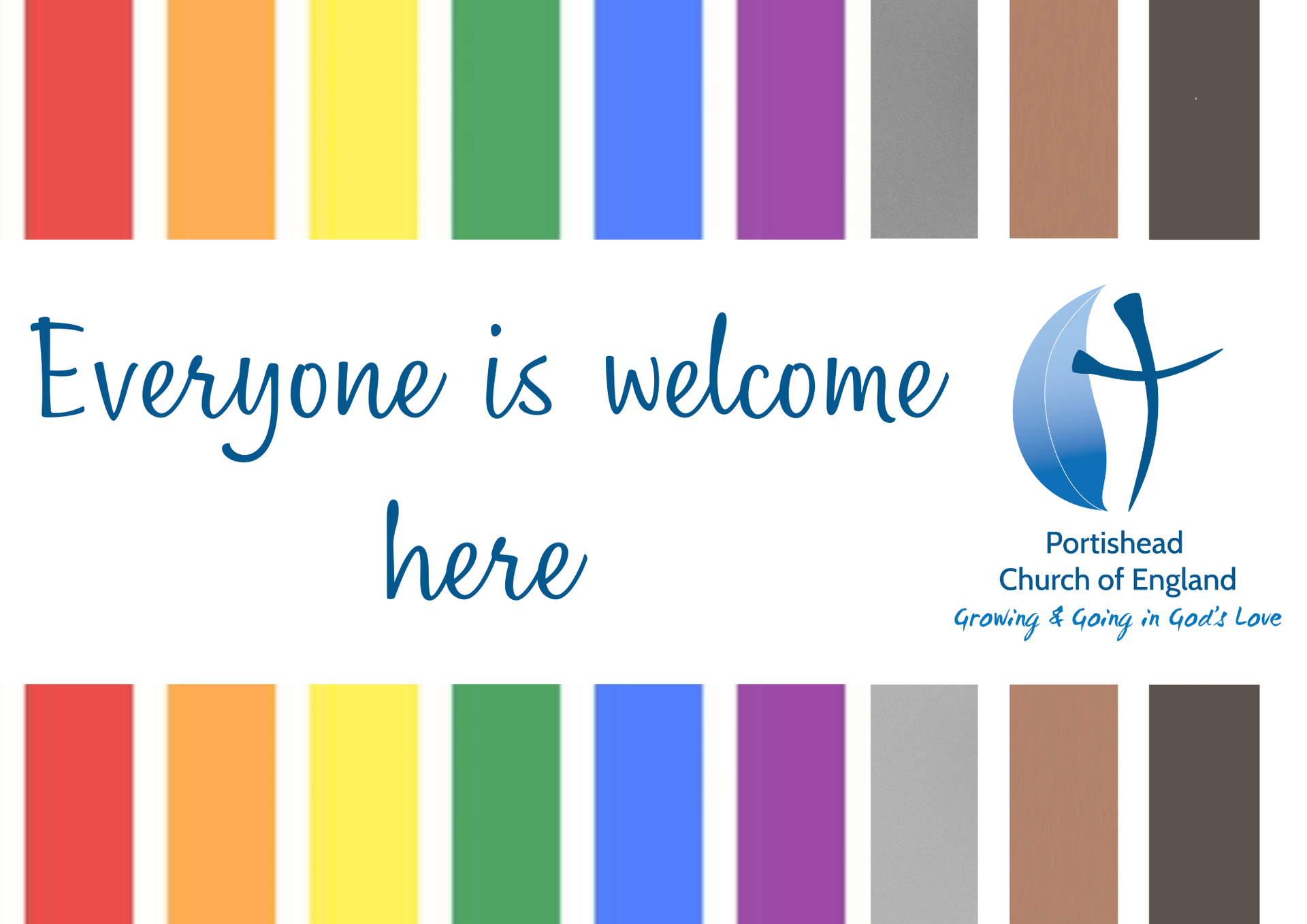 Banner: Rainbow-colored blocks above and below text 