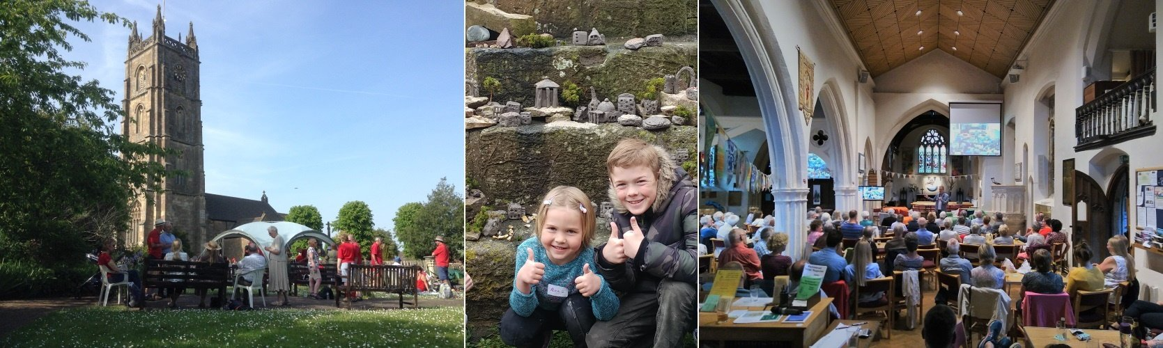 Three photos: church with people, two children giving thumbs up, church interior with a crowd.