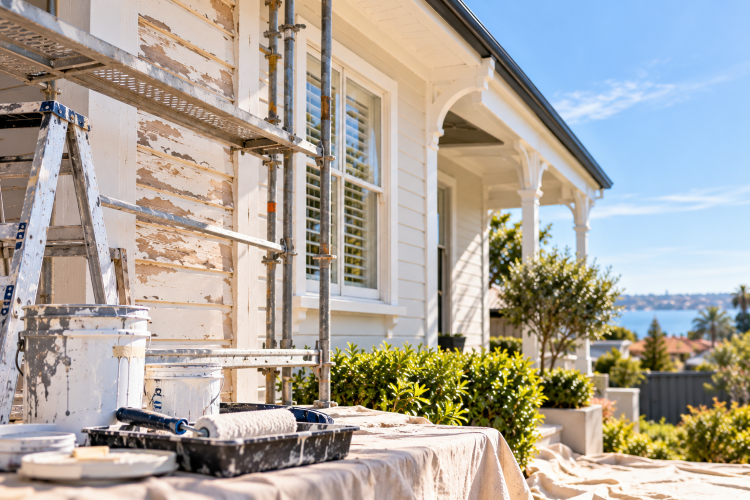 House under renovation (painting restoration) with scaffolding and tools Perth