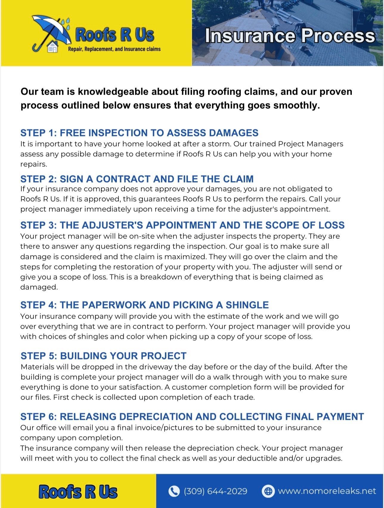 Roots R Us insurance process infographic with six steps on a blue background