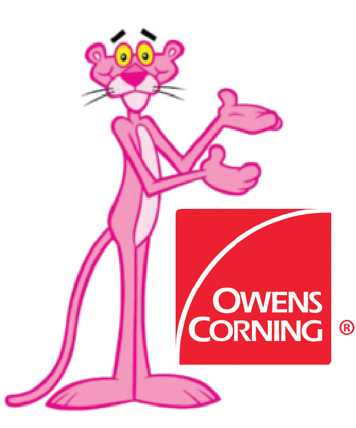 Pink Panther mascot beside Owens Corning logo, gesturing toward the red company mark.