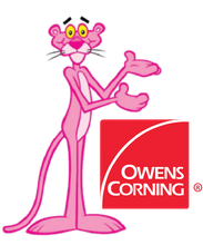 Pink Panther mascot beside Owens Corning logo, gesturing toward the red company mark.