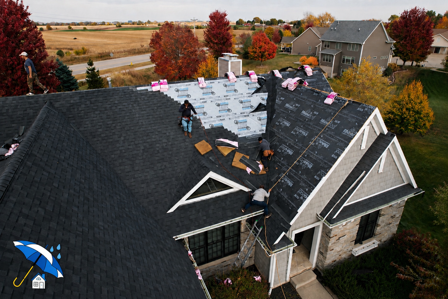 A person is installing shingles on a roof.