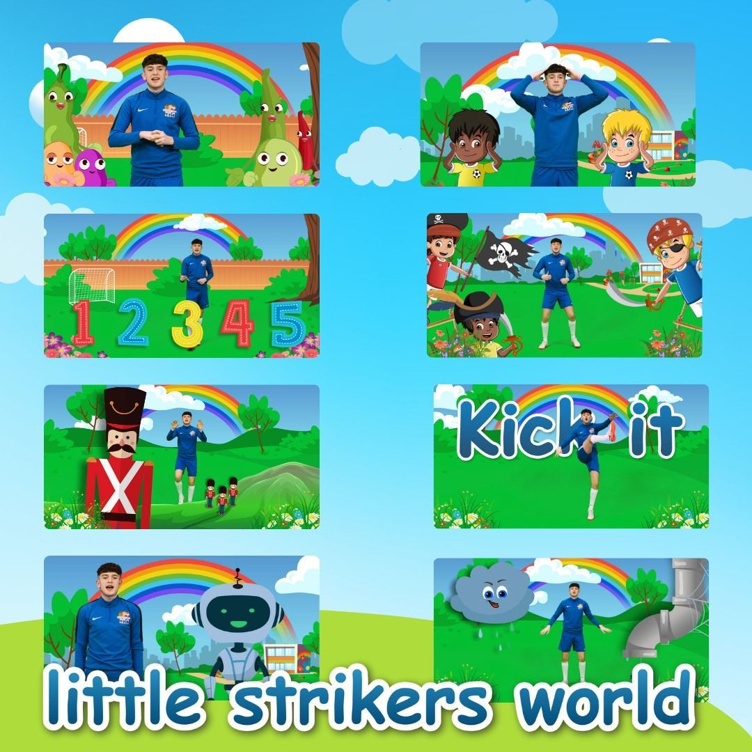 Collection of colorful Little Strikers World video thumbnails. Man in blue suit plays in various scenes.