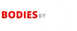 Red and gray “BODIES BY” logo on a white background