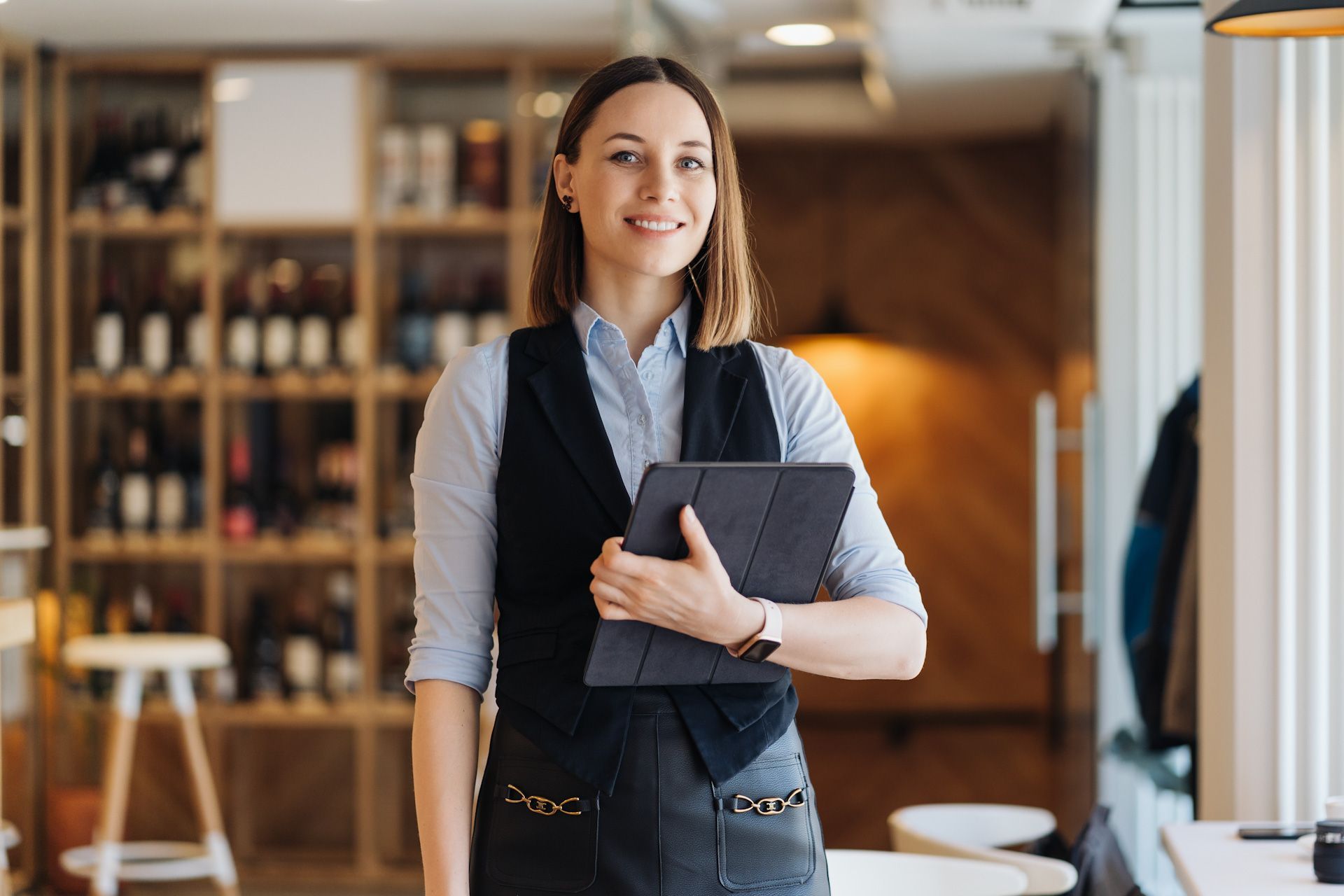 A woman is standing in a restaurant holding a tablet computer.