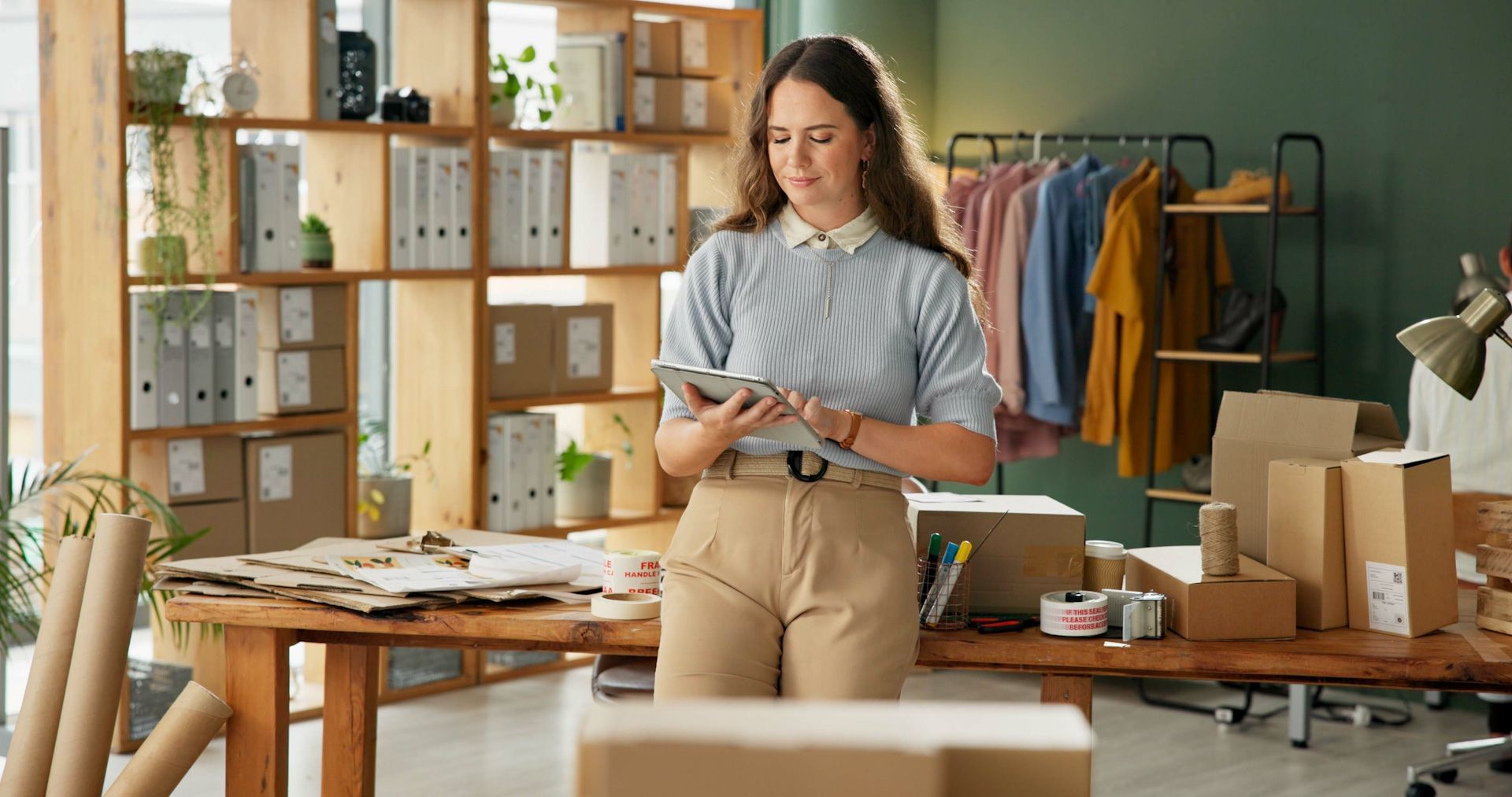 A woman is standing in a room holding a tablet.