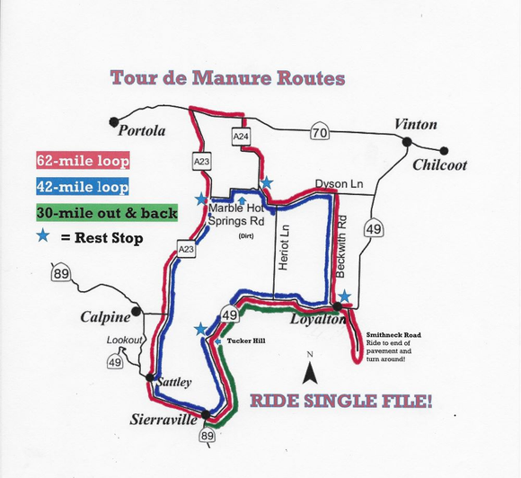 Click to enlarge/download map. A map showing the tour de manure routes and a rest stop