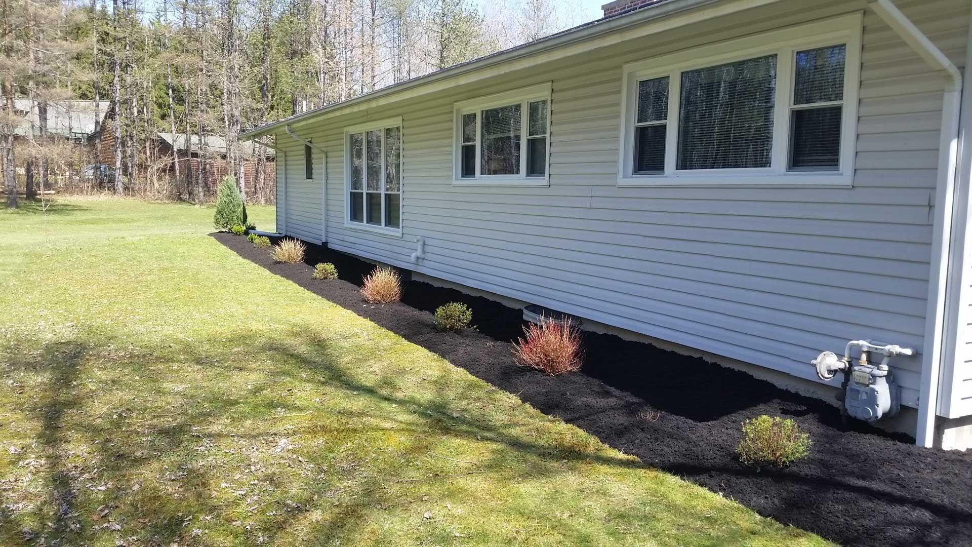 side of house with fresh black mulch and shrubs