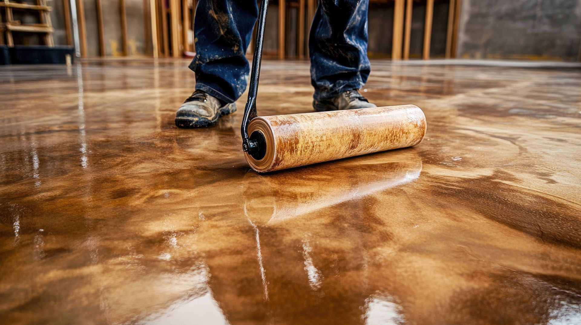 A professional adding a layer of epoxy to a concrete surface at Resilient Concrete Coatings near Cypress, Texas (TX)