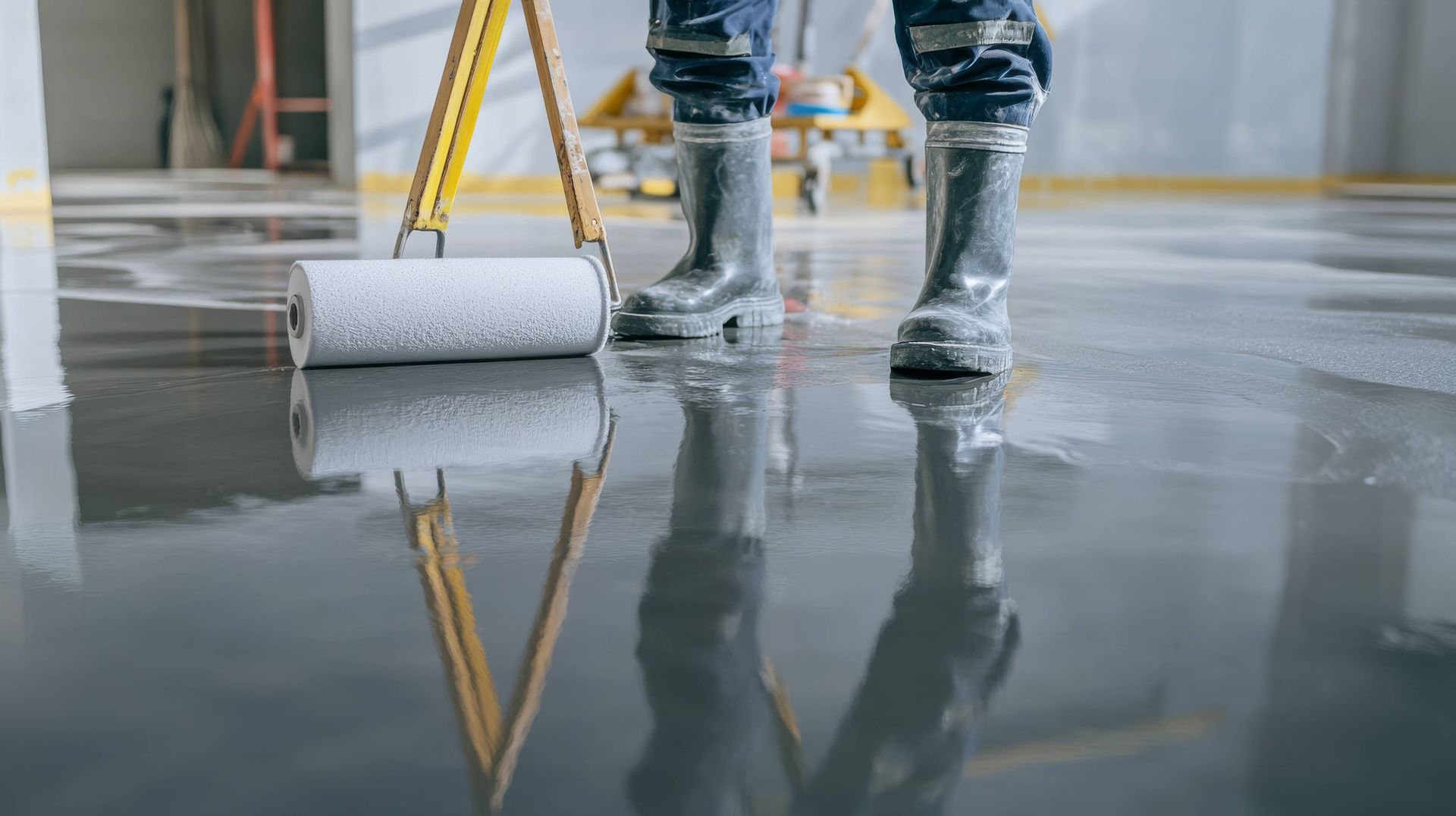 A professional applying a layer of epoxy to a concrete surface at Resilient Concrete Coatings near Cypress, Texas (TX)