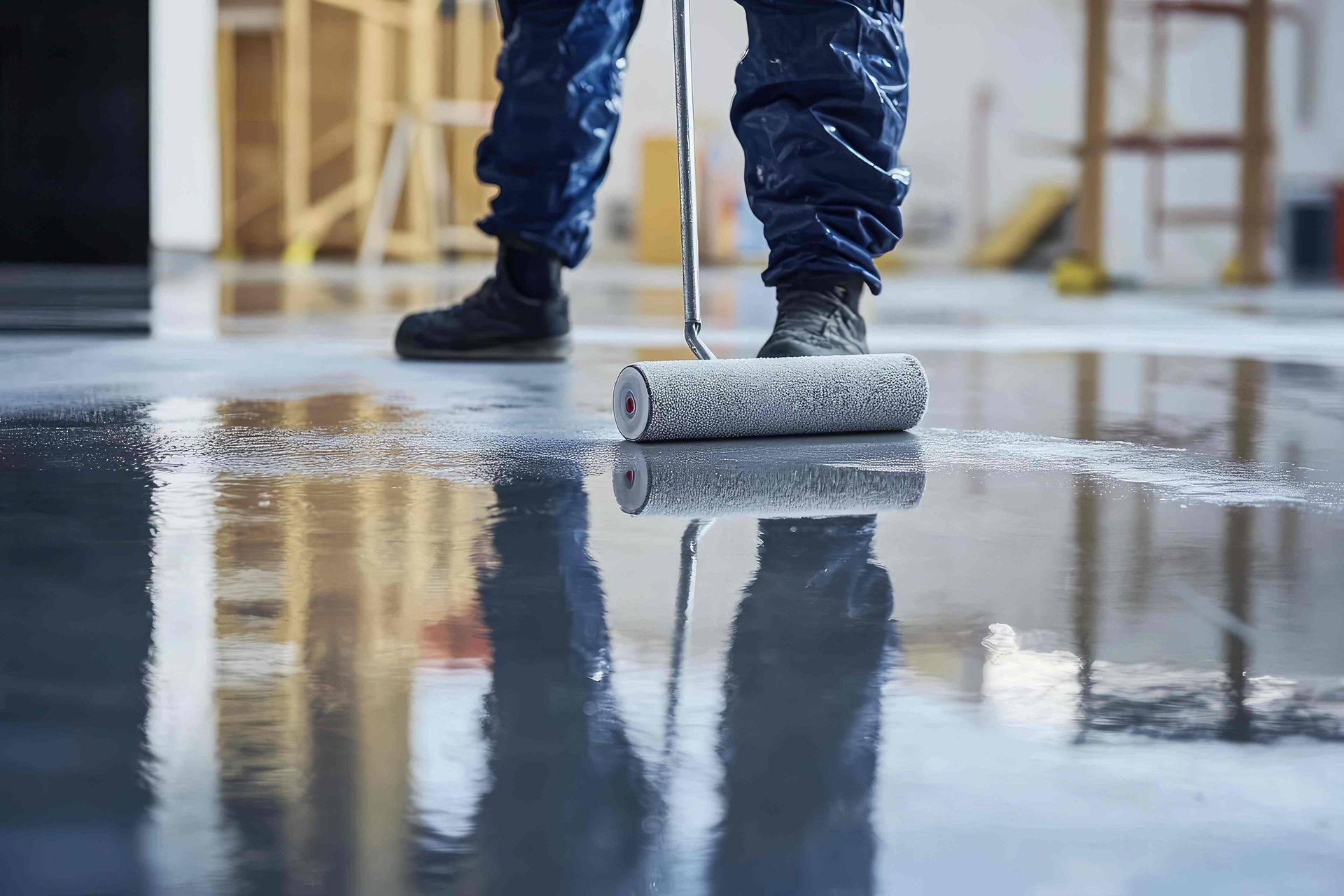 A professional rolls epoxy onto a concrete floor at Resilient Concrete Coatings near Cypress Texas (TX)