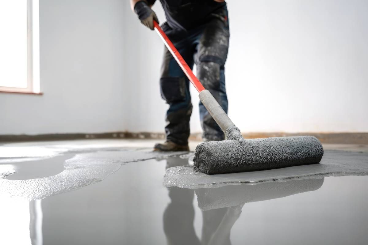 Someone preparing a floor for a concrete coating near Cypress Texas (TX)