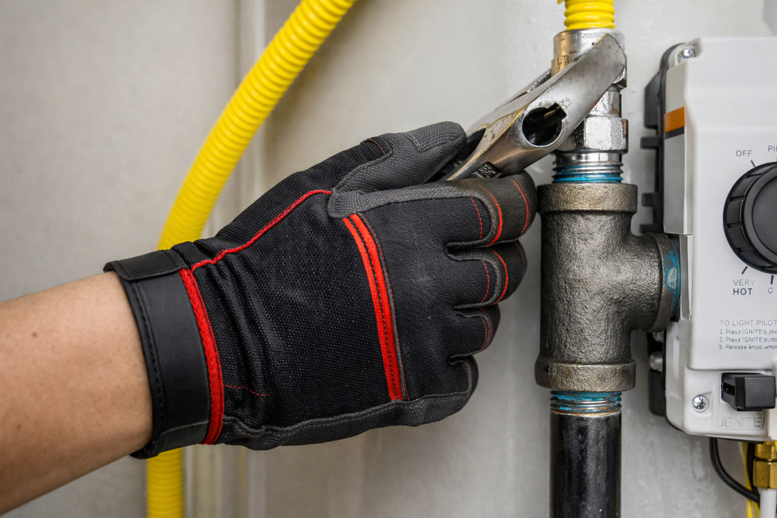 A hand in a black and red work glove uses an adjustable wrench to tighten a metal pipe fitting on a gas water heater.