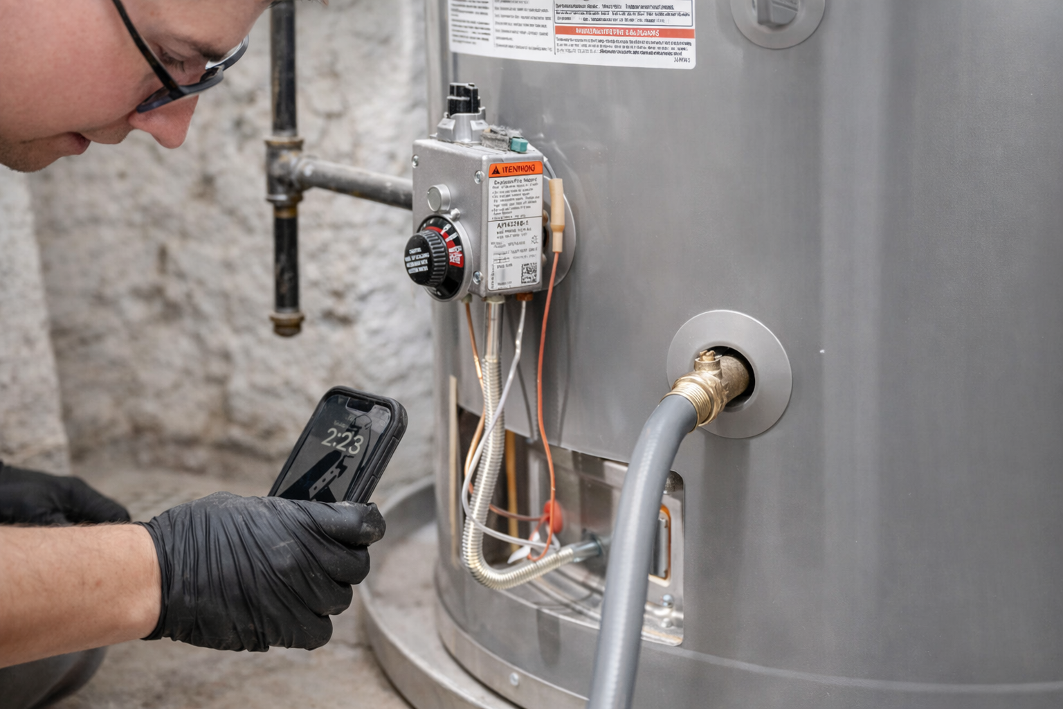 A person in gloves uses a smartphone to inspect a water heater's gas control valve.