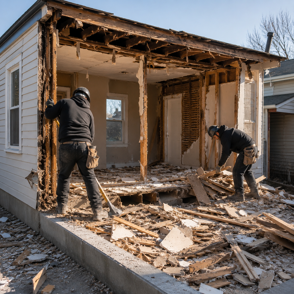 Deux ouvriers démolissent le porche endommagé d'une maison, des débris jonchent le sol.