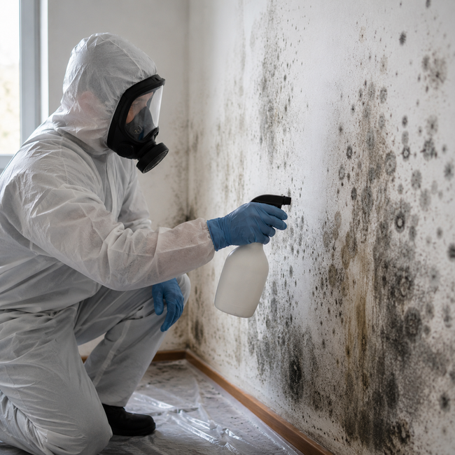 Un ouvrier en combinaison de protection blanche pulvérise de la moisissure sur un mur d'une pièce