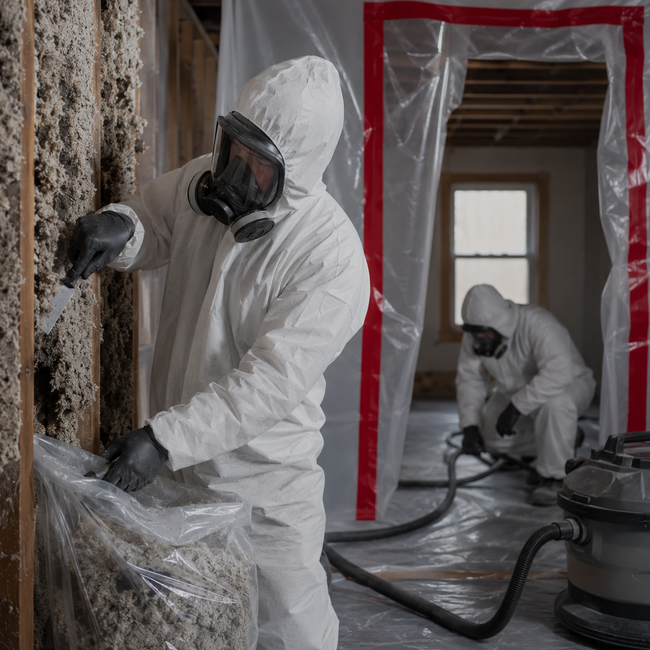 Deux ouvriers en combinaisons de protection blanches nettoient des moisissures dans une pièce lors de travaux de décontamination.