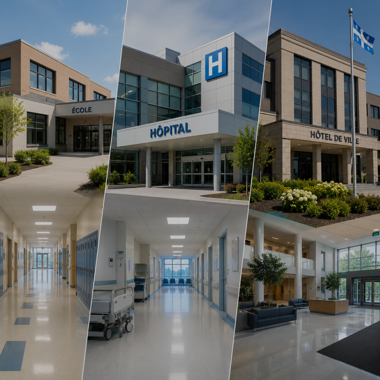 Collage de l'extérieur d'un hôpital moderne et des couloirs et du hall intérieurs, lumineux et vides.