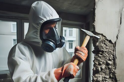 Un ouvrier en combinaison de protection blanche et masque à gaz est en train de dégager un enduit mural endommagé à l'intérieur d'un bâtiment.