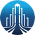Logo circulaire bleu avec une silhouette urbaine abstraite blanche et des routes convergeant vers le centre