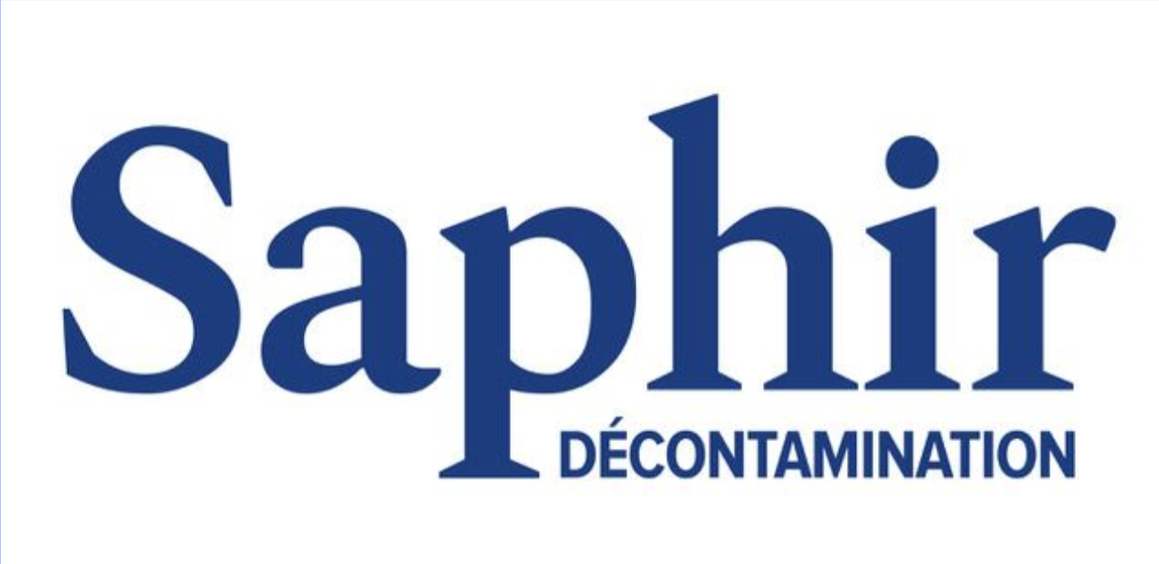 Logo de décontamination Saphir en texte bleu avec une petite icône bleu foncé