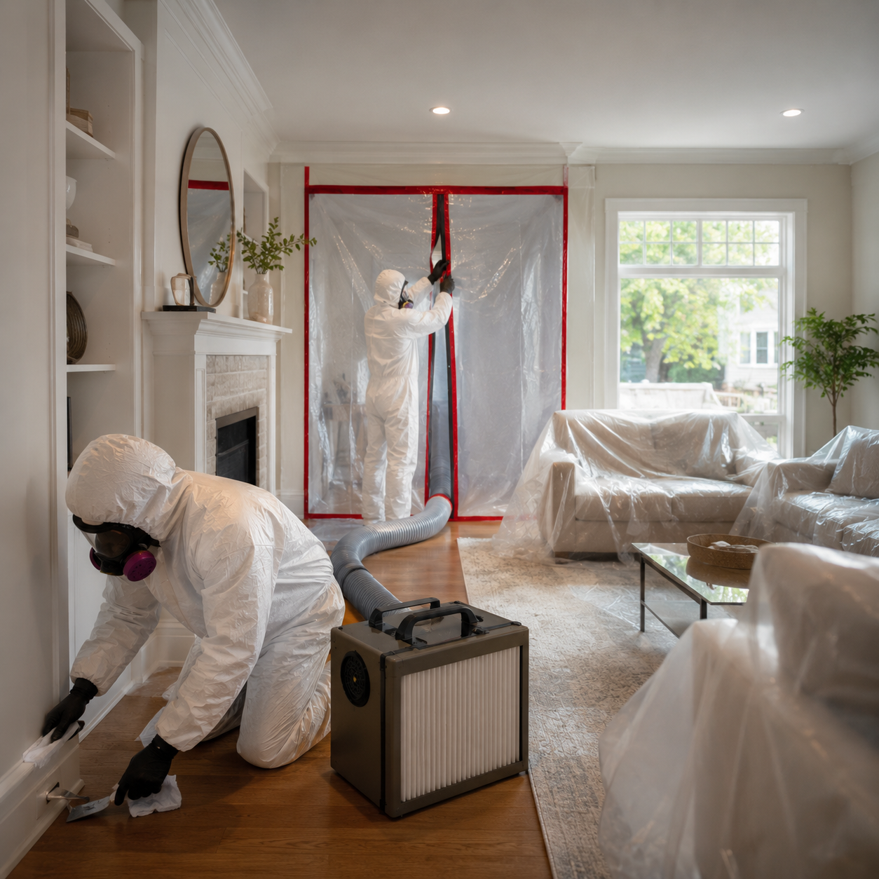 Des ouvriers en combinaisons de protection nettoient une pièce en rénovation, dont les meubles sont recouverts de plastique.