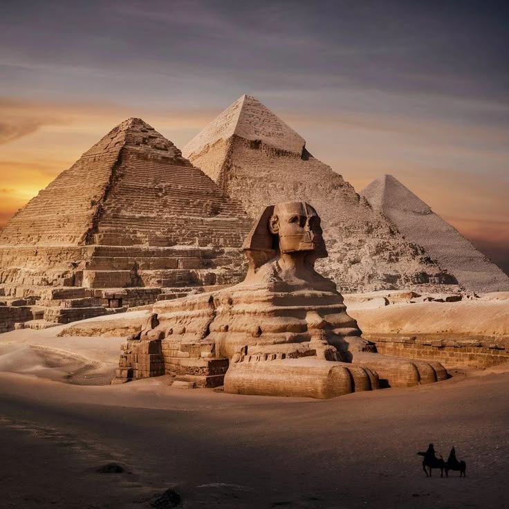 A classic high-angle panoramic view of the Great Sphinx and Giza Pyramids under a sunset sky