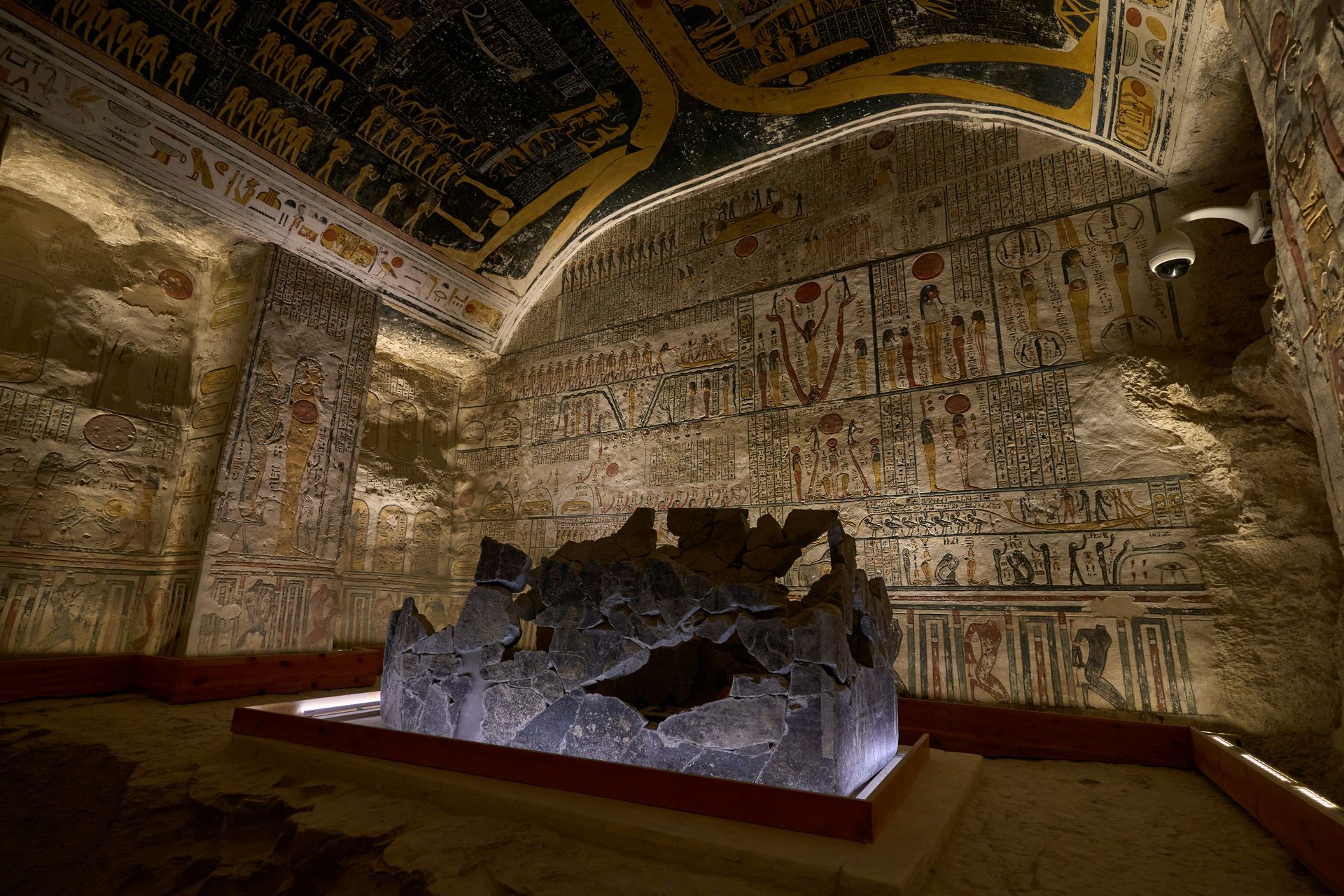 Beautifully carved hieroglyphics and paintings inside an ancient Egyptian tomb in Luxor