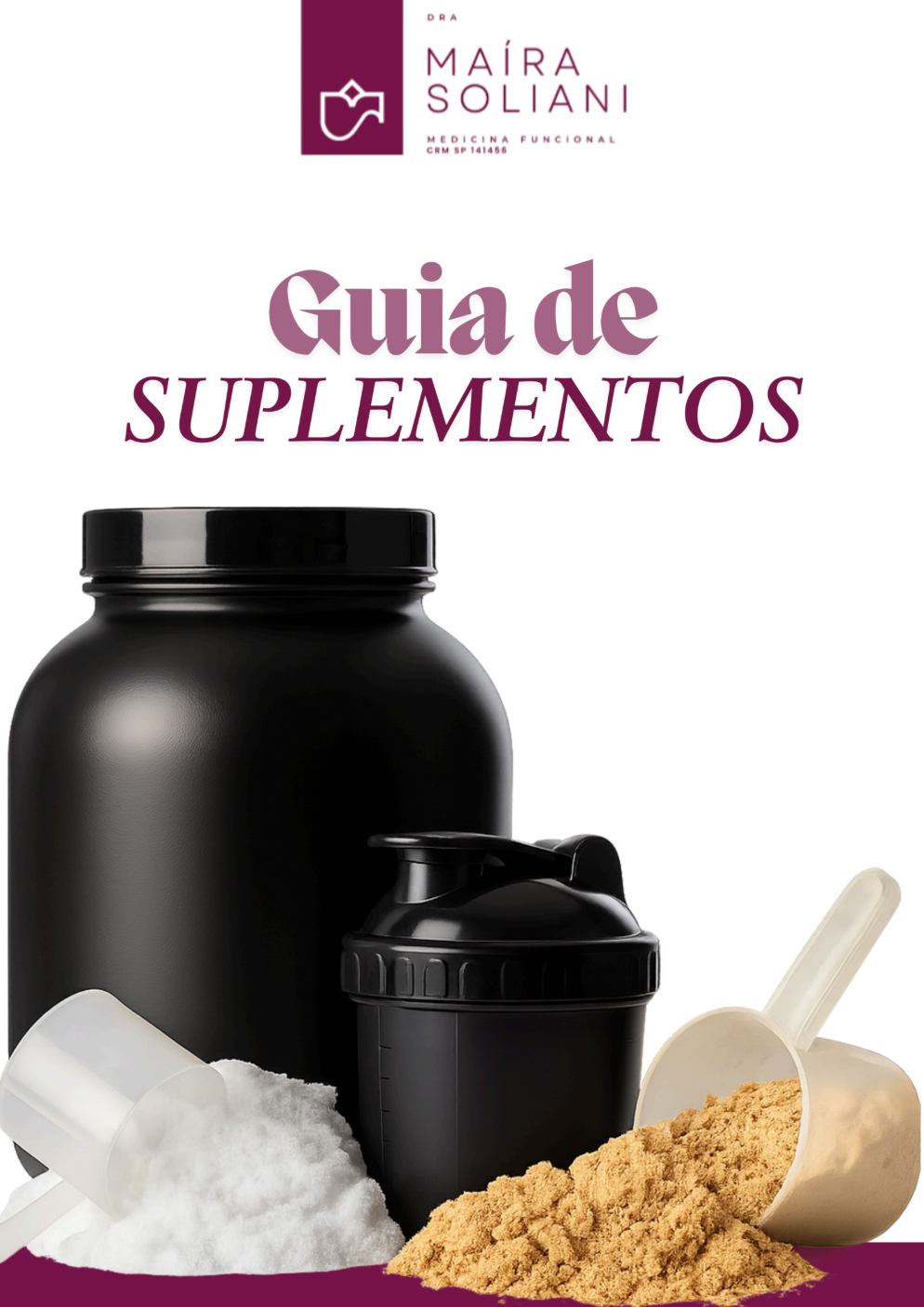 Uma garrafa de proteína em pó, um shaker e uma colher de proteína em pó.