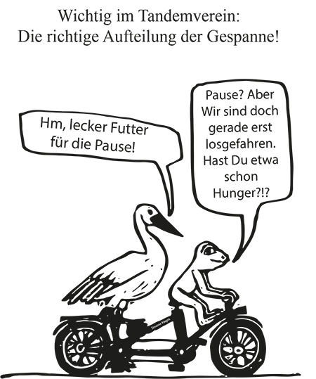 Cartoon mit einem Tandem. Vorne sitzt ein Frosch, hinten ein Storch. Die Überschrift darüber: 
