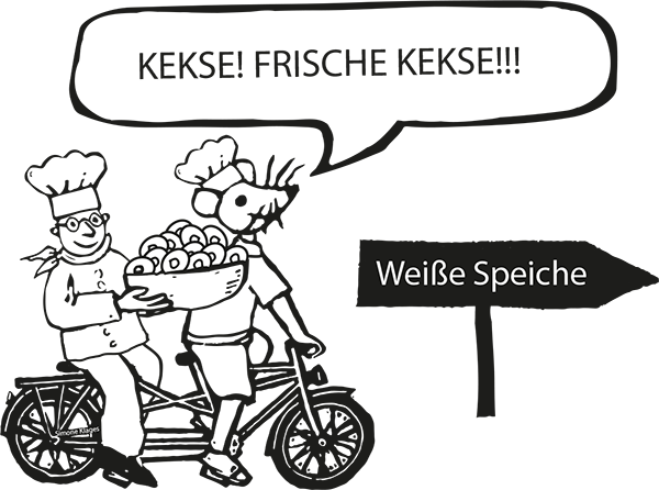 Cartoon mit einem Tandem. Auf dem Tandem sitzt vorne eine Maus und hinten ein menschlicher Koch mit einer Schüssel voller runde Dinger, vermutlich Kekse. Daneben ein Richtungsanweiser mit 