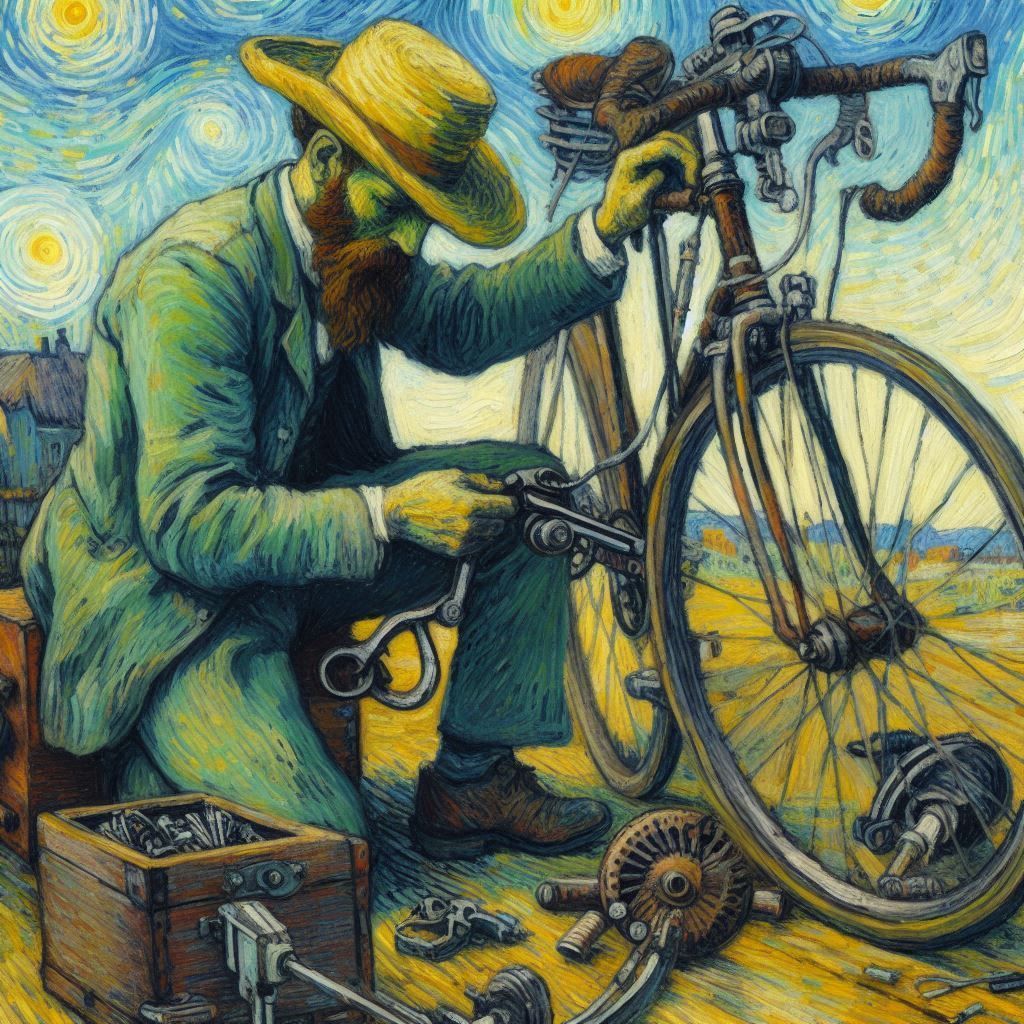 Bild im Stil von Vincent van Gogh mit Vincent van Gogh, der ein Fahrrad repariert. Das Bild ist mit künstlicher Intelligenz (Dall-e) gemalt und zeigt auf dem Boden noch einige Teile, die man nicht gut identifizieren kann, aber sicherlich keine Fahrradteile sind. Die künstliche Intelligenz ist noch nicht perfekt.