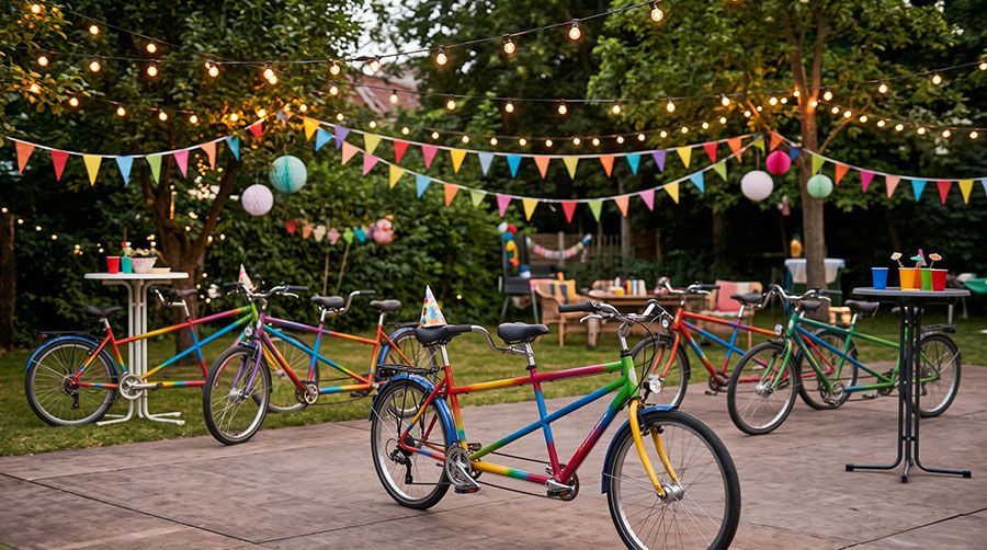Ki-generiertes Bild von einem festlich eingerichteten Garten voller Girlanden und Lampenketten. Im Garten stehen fünf feierende Tandems ohne Personen. Die Tandems sind alle sehr bunt mit Multifarben eingefärbt und haben ein kleines Festhütchen auf dem Sattel (nur hinten).
