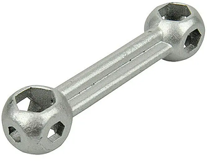 Symbolfoto eines Knockens. Das ist ein Metallwerkzeug, das eine Stange hat und an beiden Ausenden einen Kubus hat mit gerundeten Ecken. Sieht aus wie ein Knocken, daher der Name. Jeder Kubus hat unterschiedlich große Auskerbungen, die auf sechskantigen Schrauben passen und man die Schrauben damit fest- oder losschrauben kann.