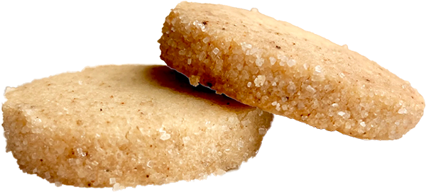 Zwei stark vergrößerte Heidesand-Kekse. Der eine Keks liegt schräg halb auf dem anderen. Es sind runde, helle Kekse mit so Zuckerkrümmel außen dran.