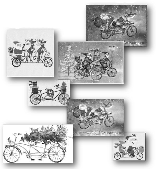 Das Bild oben zeigt die Bilder, die Hans im Internet gefunden hat. Alle Bilder sind sehr weihnachtlich und enthalten fast immer ein Tandem, manchmal ein Fahrrad. Mal wird auf dem Tandem ein Weihnachtsbaum transportiert, mal sitzt der Weihnachtsmann mit einem oder zwei Renntiere auf dem Gerät. Immer in bester Laune.