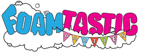 A logo for foam fantastic parties with a bunch of flags
