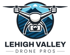 The logo for lehigh valley drone pros shows a drone flying in a circle with mountains in the background.
