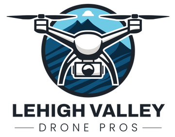 The logo for lehigh valley drone pros shows a drone flying in a circle with mountains in the background.