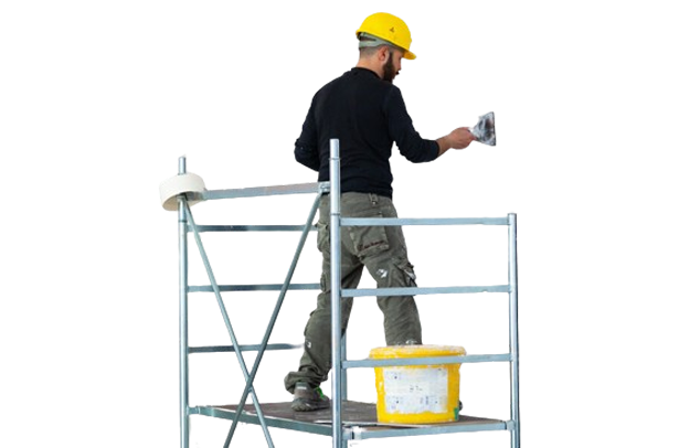 A Man Wearing a Hard Hat is Standing on a Scaffolding — Poljak Plasterers in Rosslea, QLD