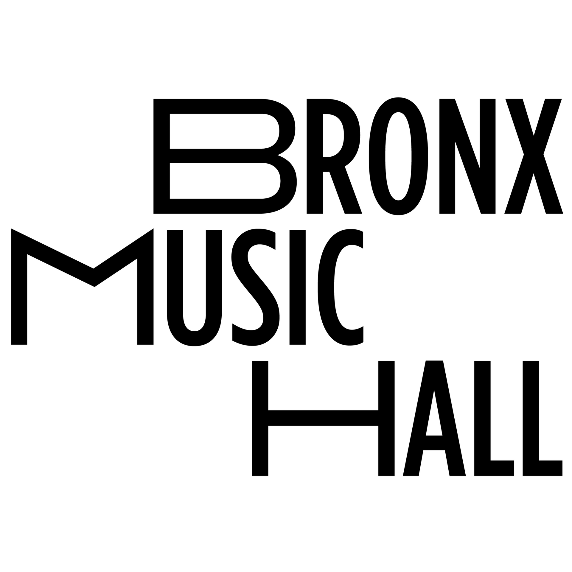 The bronx music hall logo is black and white on a white background.